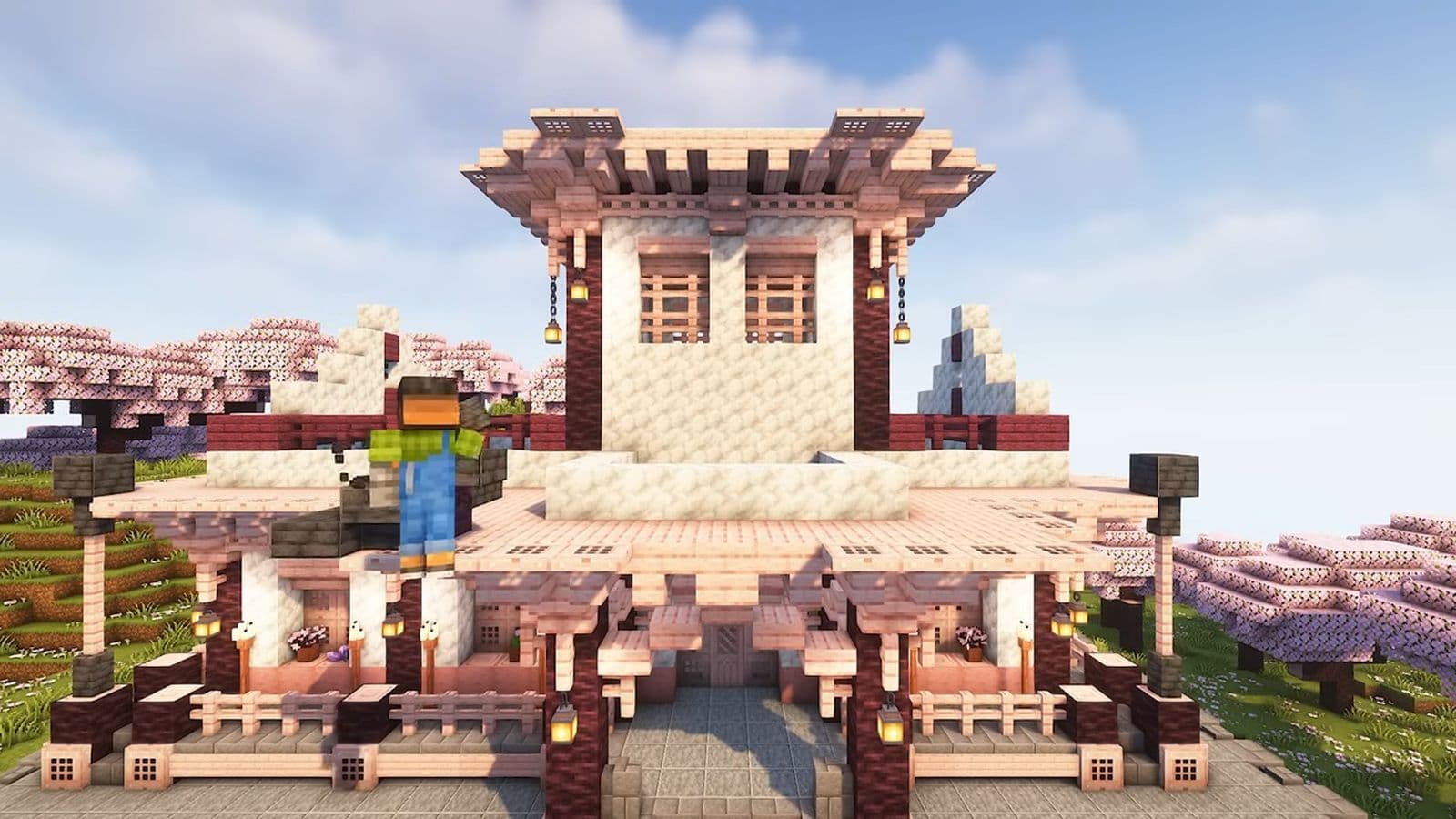 1600x900 Easy & cute Japanese Cherry Blossom House Minecraft tutorials