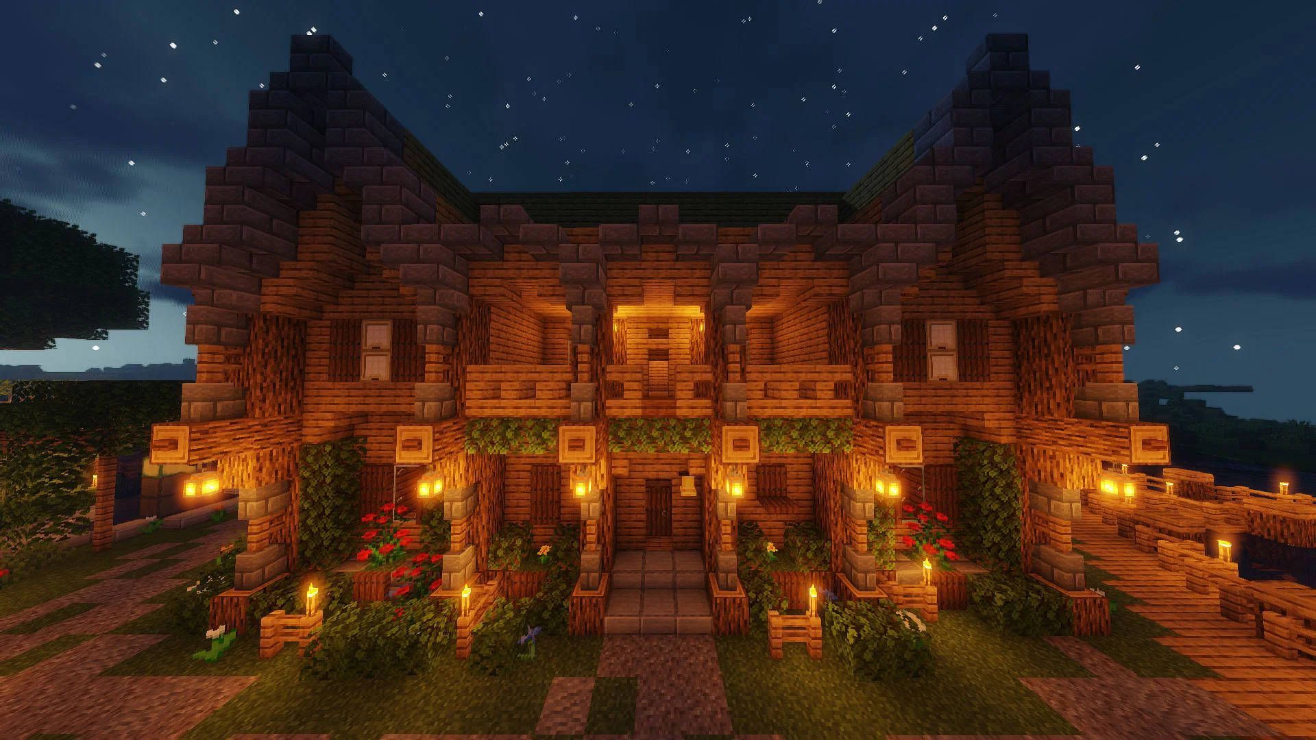 1920x1080 Download free Beautiful Minecraft Wooden Mansion Wallpaper