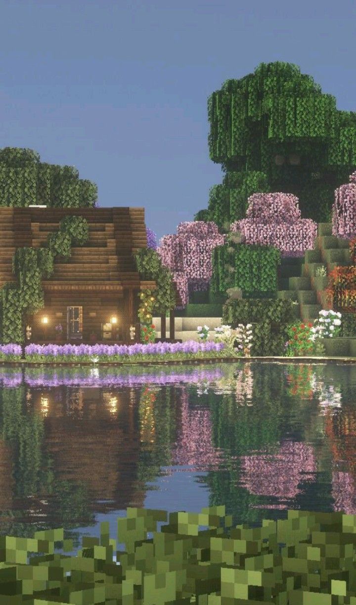 720x1224 Minecraft landscape with pink trees. Minecraft house in pink landscape, Minecraft pink house in forest, Minecraft phone wallpaper