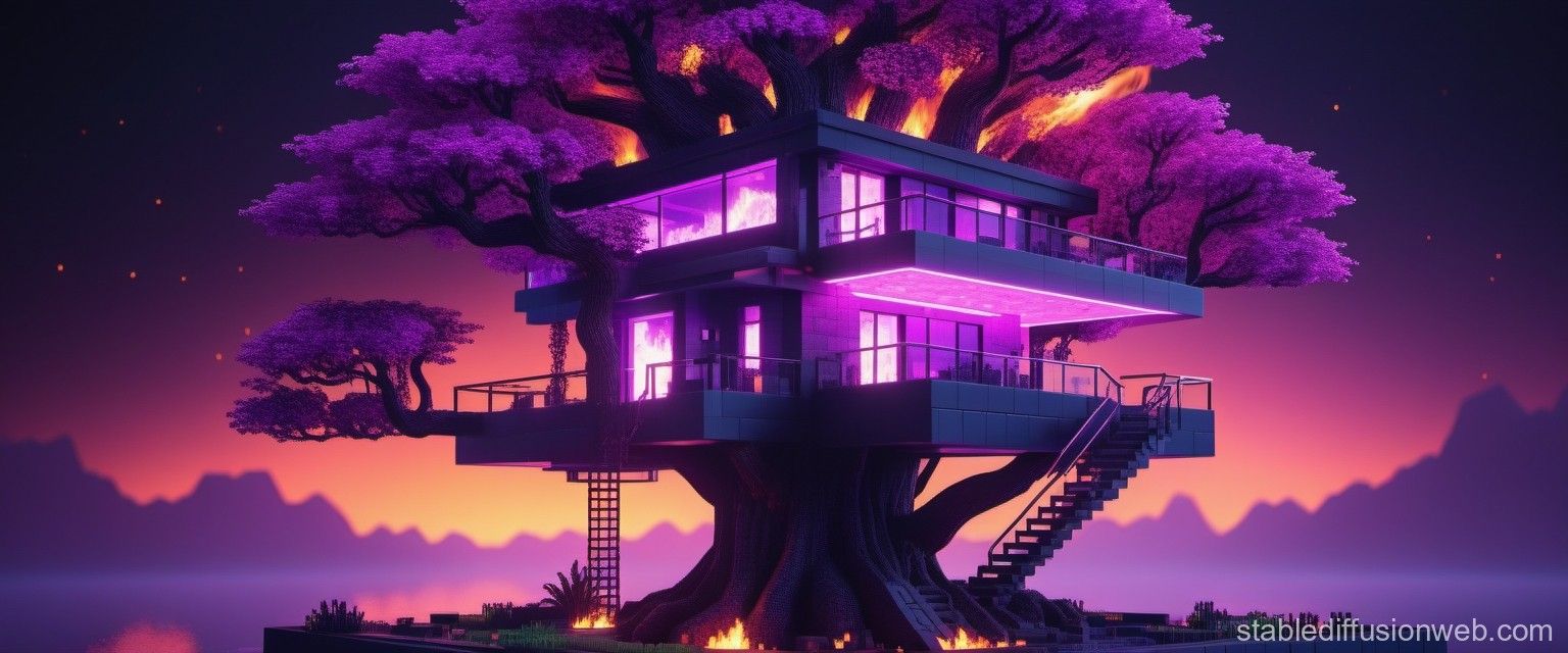 1536x640 Burning Treehouse in Minecraft Artstyle. Stable Diffusion Online