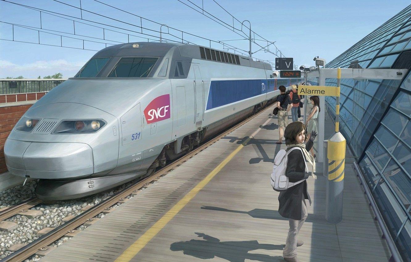 1332x850 Wallpaper girl, people, station, train, station, art, the platform, speed image for desktop, section рендеринг
