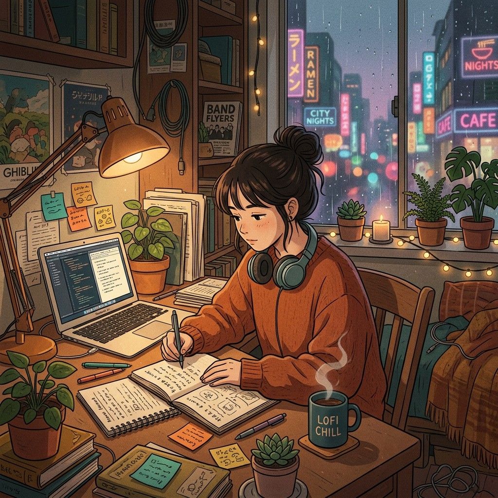 1024x1024 Download Cozy Study Night Image, Anime, Illustration