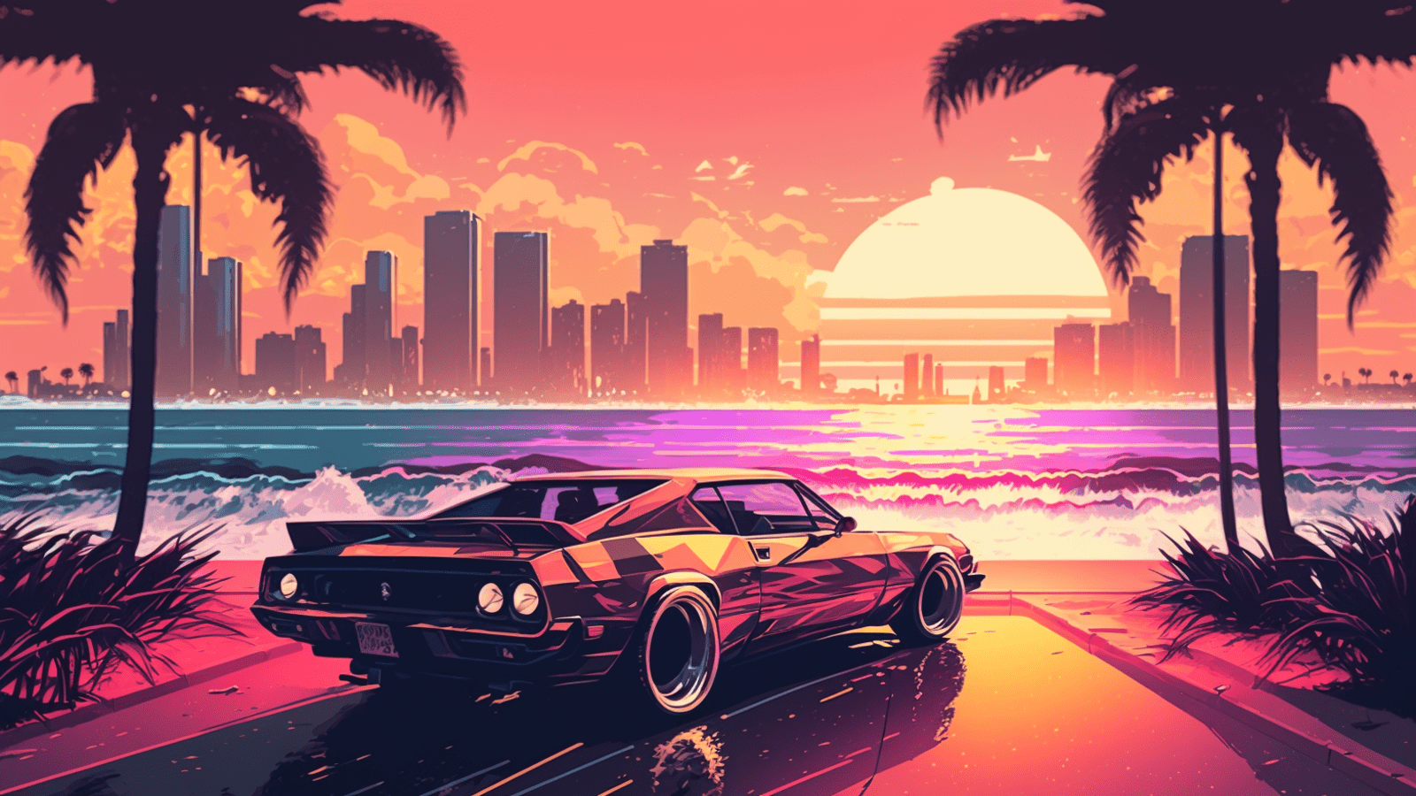 1600x900 Car in Miami retro wave style [1600*900]