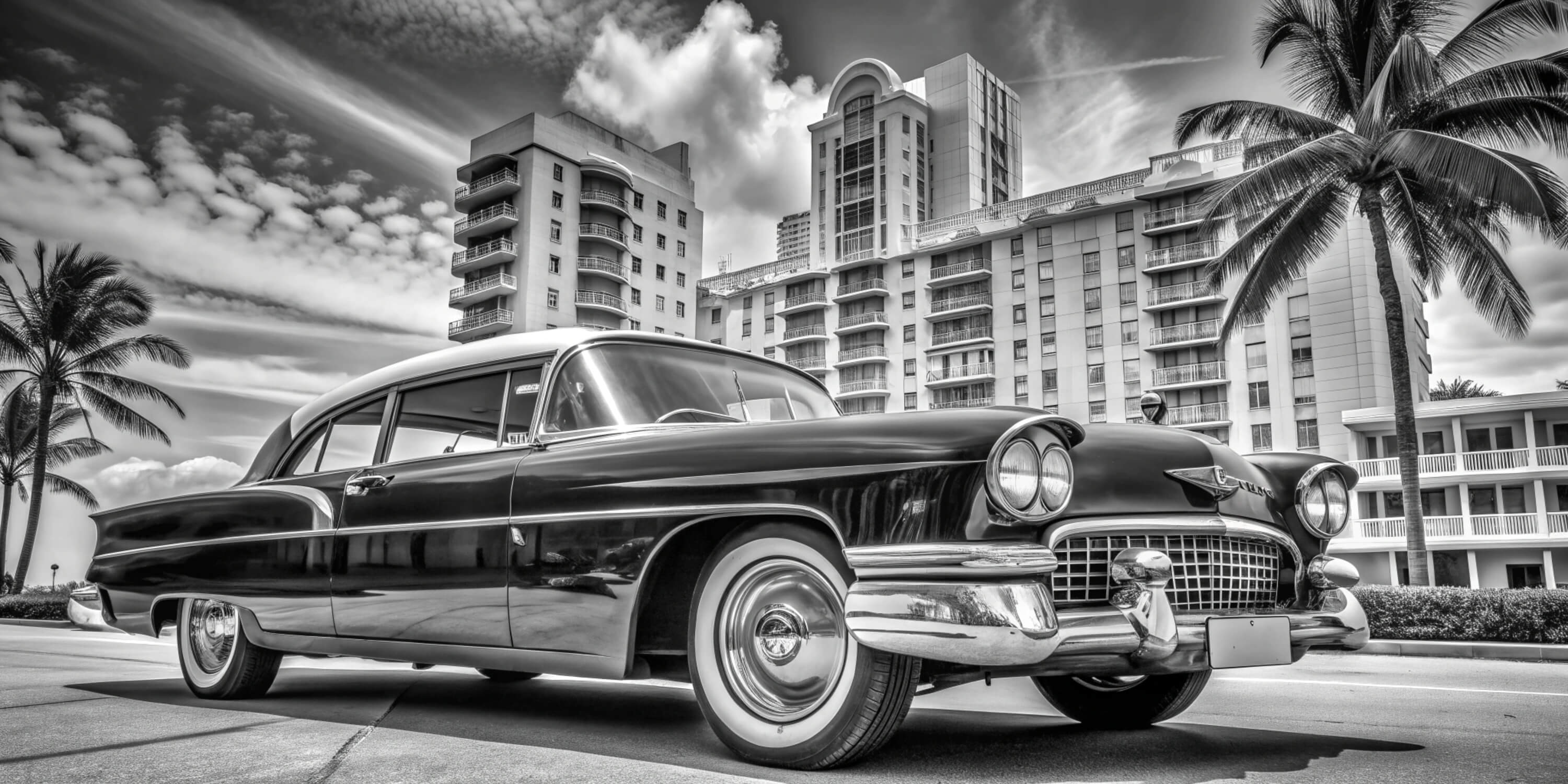 3000x1500 Vintage Car Mural Wallpaper. Black and White Miami Art Deco