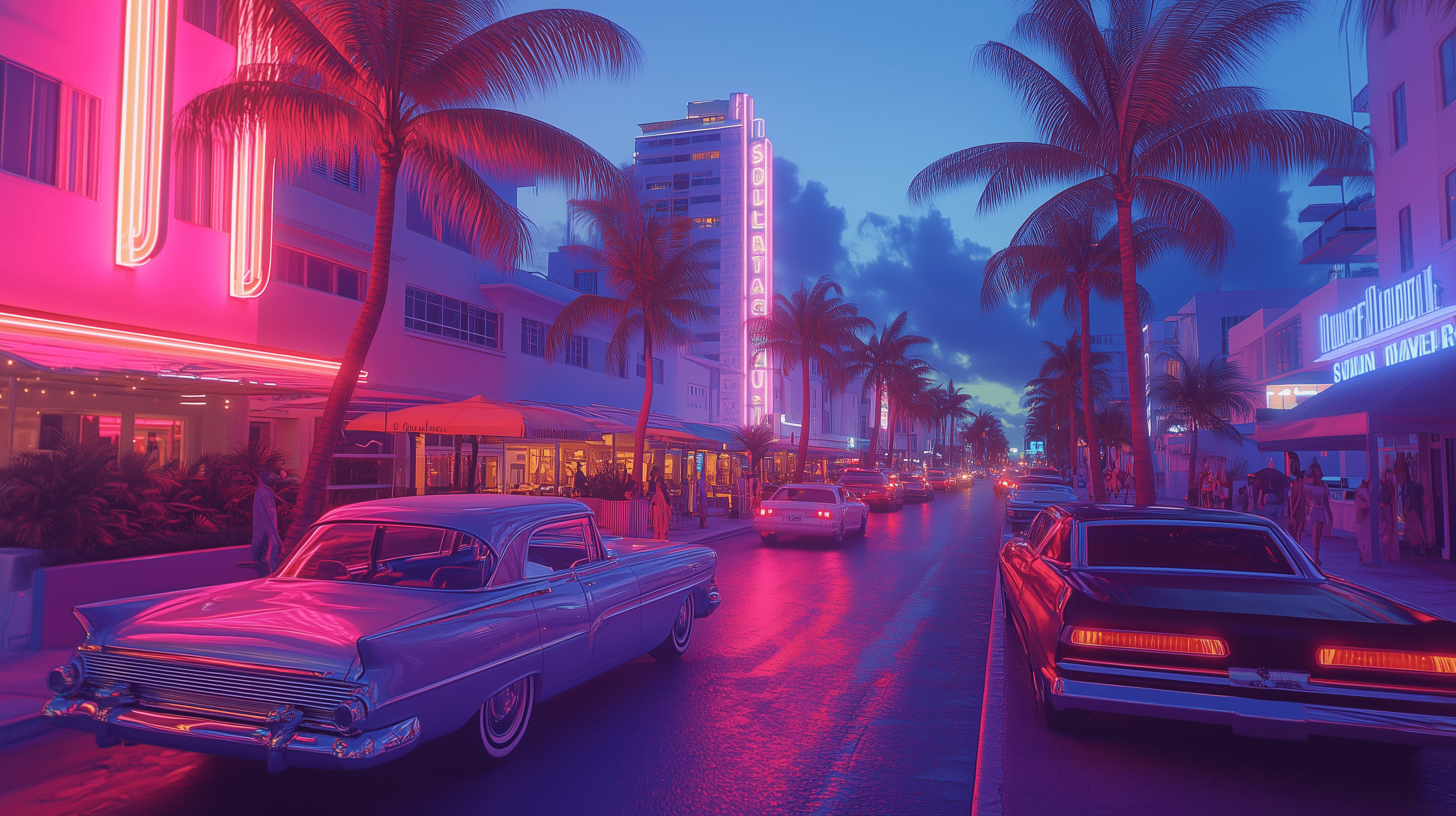 2912x1632 South Beach Florida Mural, Peel and Stick Neon Style Miami Street Wallpaper, Retro Cars in Miami Wall Art & stick / Small sample 8 W x 12 H