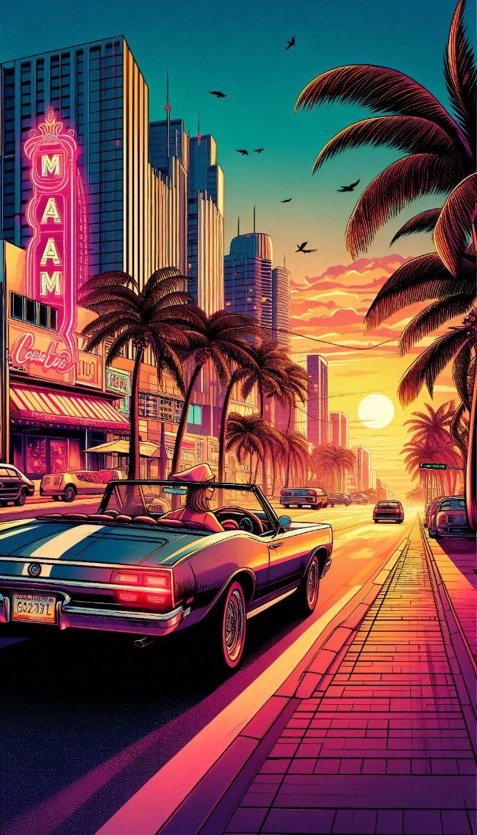 686x1200 GTA Vice City inspired retro Miami lifestyle 1980s, Ocean Drive at sunset, palm trees classic cars