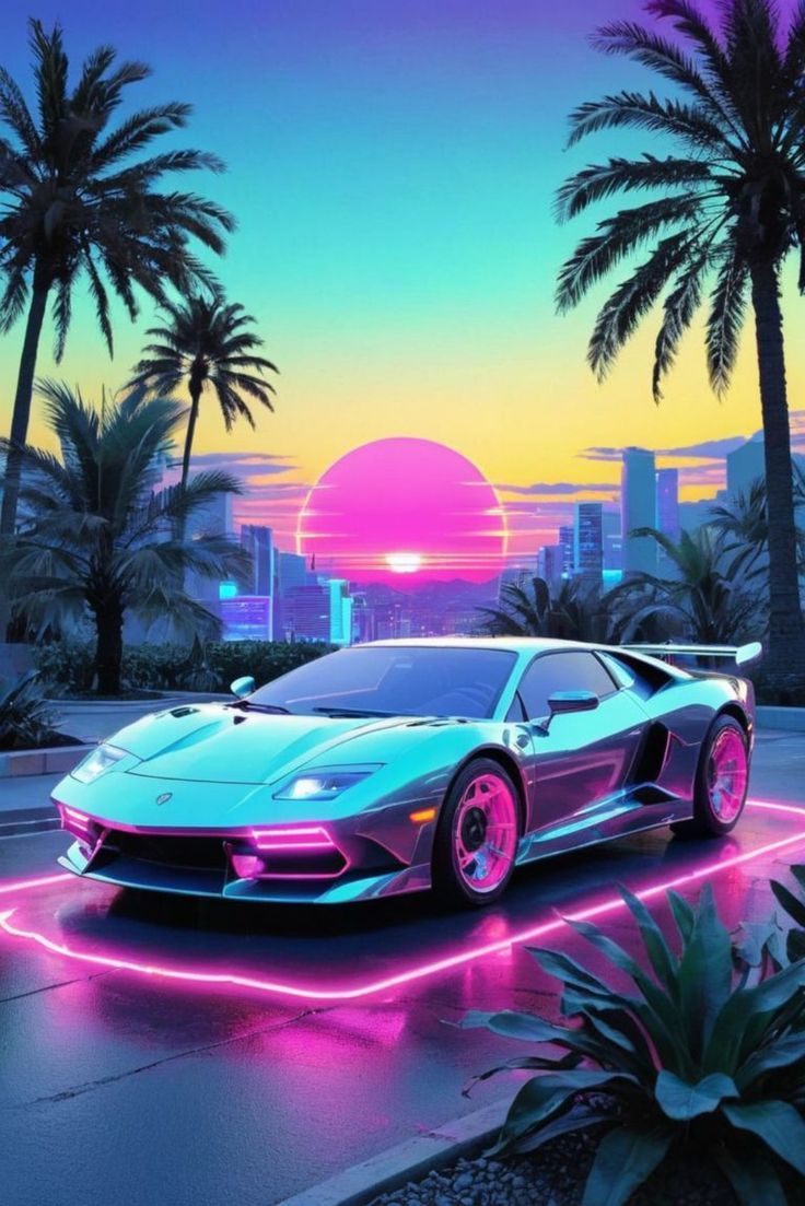 736x1103 Sport Car Parked in Front of Palm Trees with Neon Lights. Miami vice car wallpaper