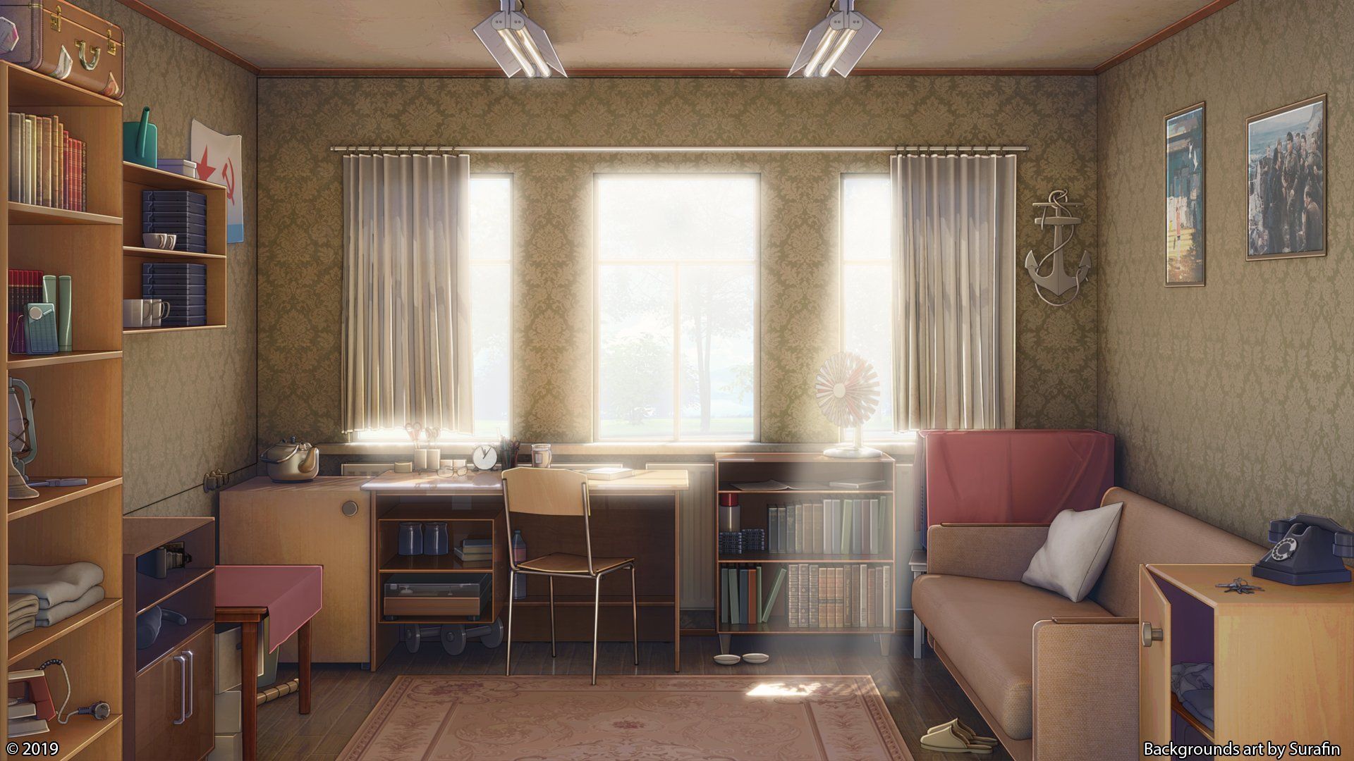 1920x1080 Cozy Anime Bedroom Interior HD Wallpaper with Sofa and Study Desk