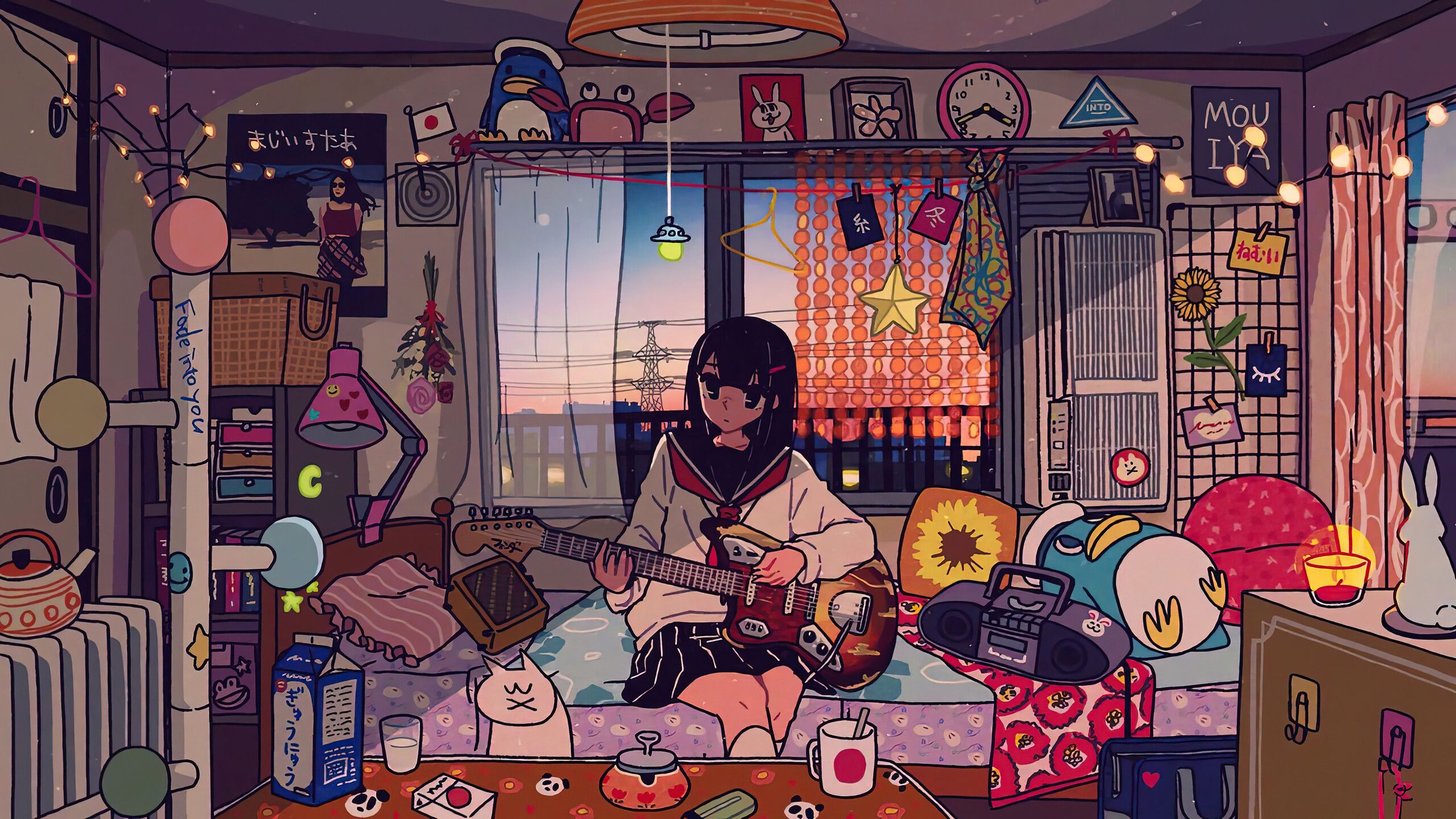 2560x1440 Anime Girl Playing Guitar Student Room Wallpaper 4K HD PC f