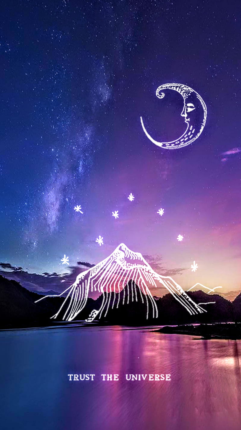 800x1423 Trust the Universe, colorful, dawn, dusk, moon, mountain, night, trust, universe, HD phone wallpaper