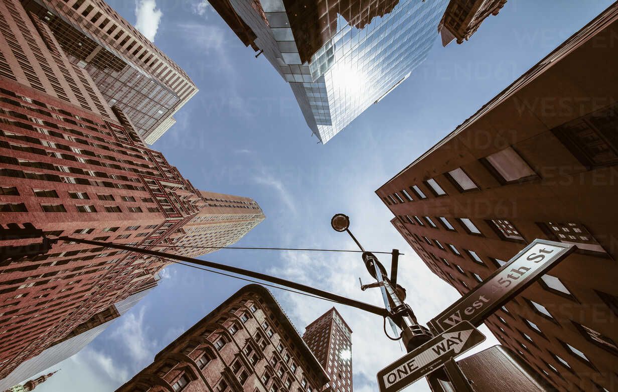 1232x781 USA, New York, New York City, Manhattan, Street corner, Signs 5th Avenue and West 45th Street, view from below