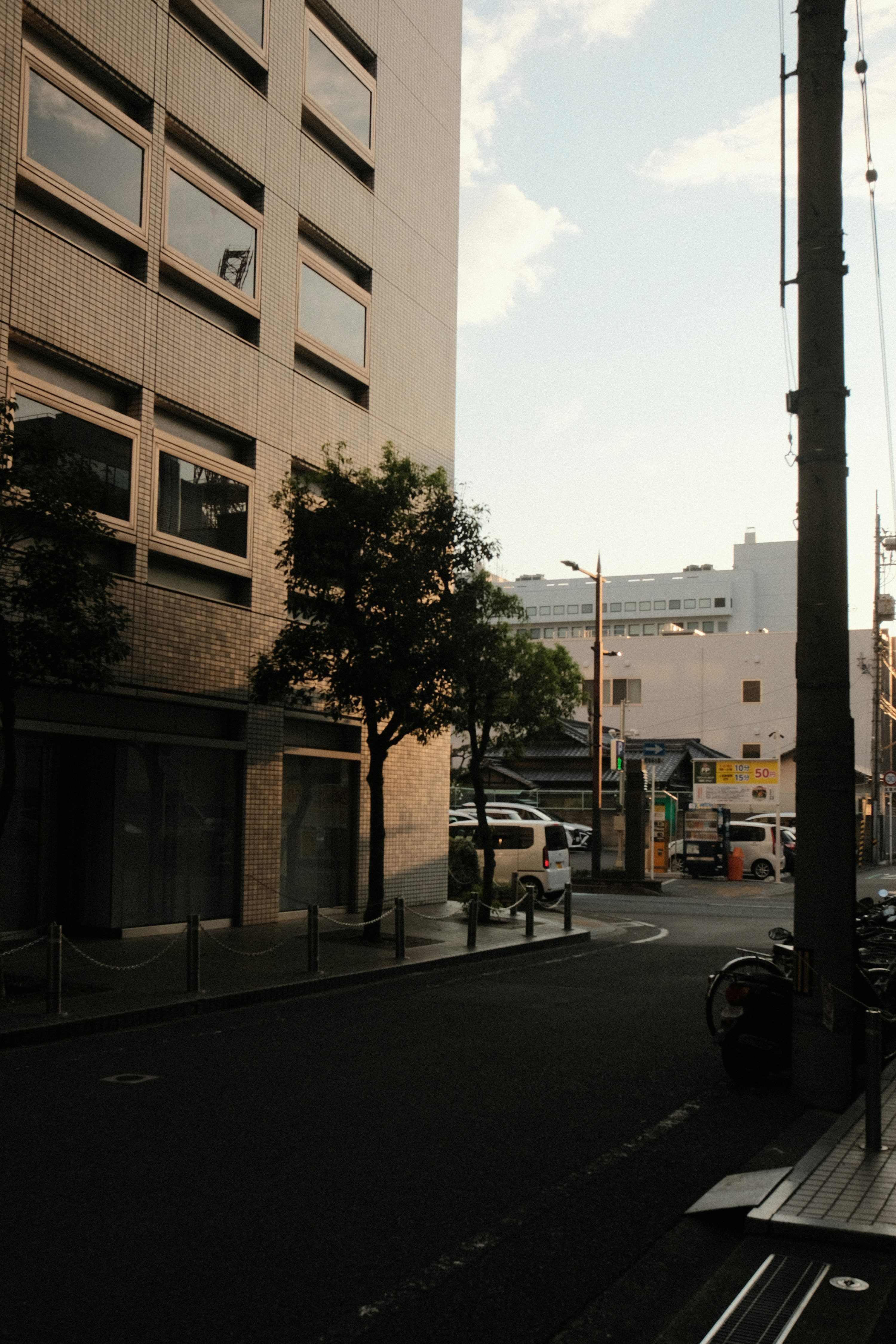 3000x4500 Street corner with modern building and trees at sunset photo