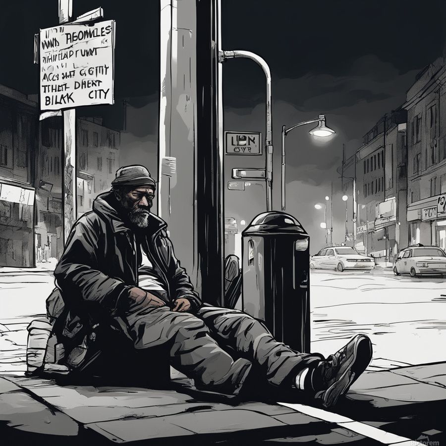 900x900 A Homeless Man Sleeping On A Street Corner Street Light Pole Crossing Lights Police Officer Looking Away Whistling And Black Billy Being Held In His Hands Starting To Get Dark Un The City