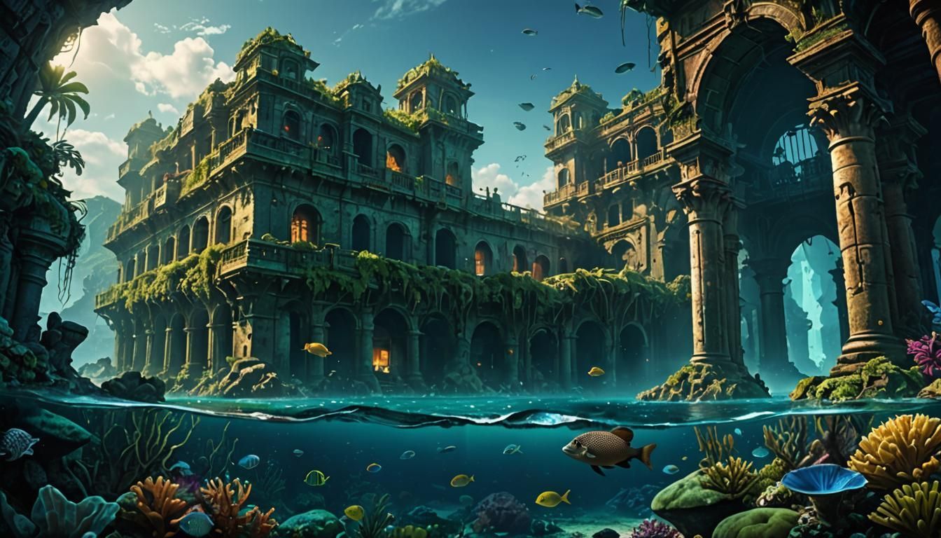 1344x768 The lost city of Atlantis, deep at the bottom of the ocean, in ruins, water weeds grow, eerie glow illuminates the scene casting mysterious