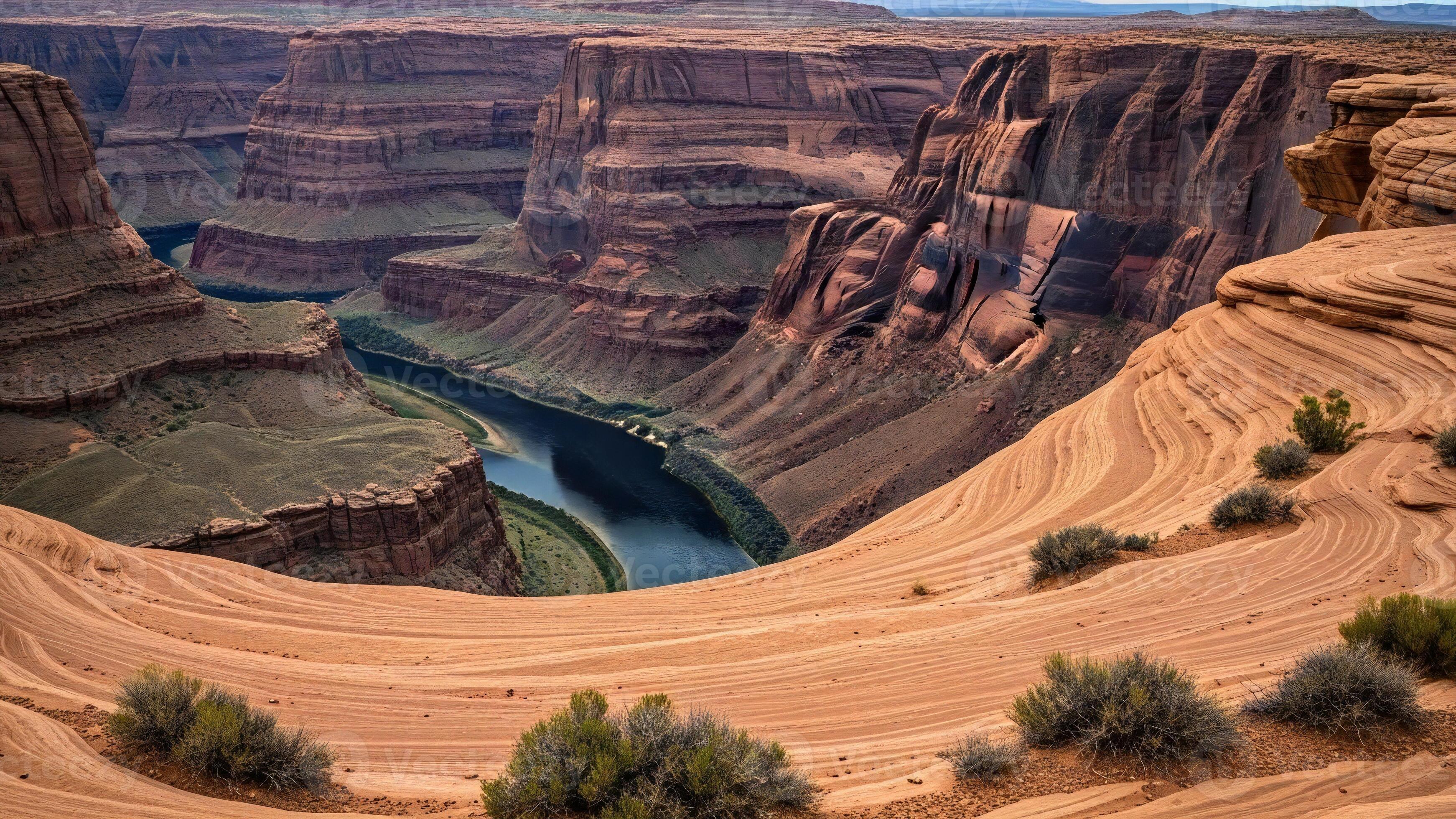 3484x1960 Nature background, Nature wallpaper, Majestic sandstone cliffs carve a winding river path through a rugged desert canyon landscape