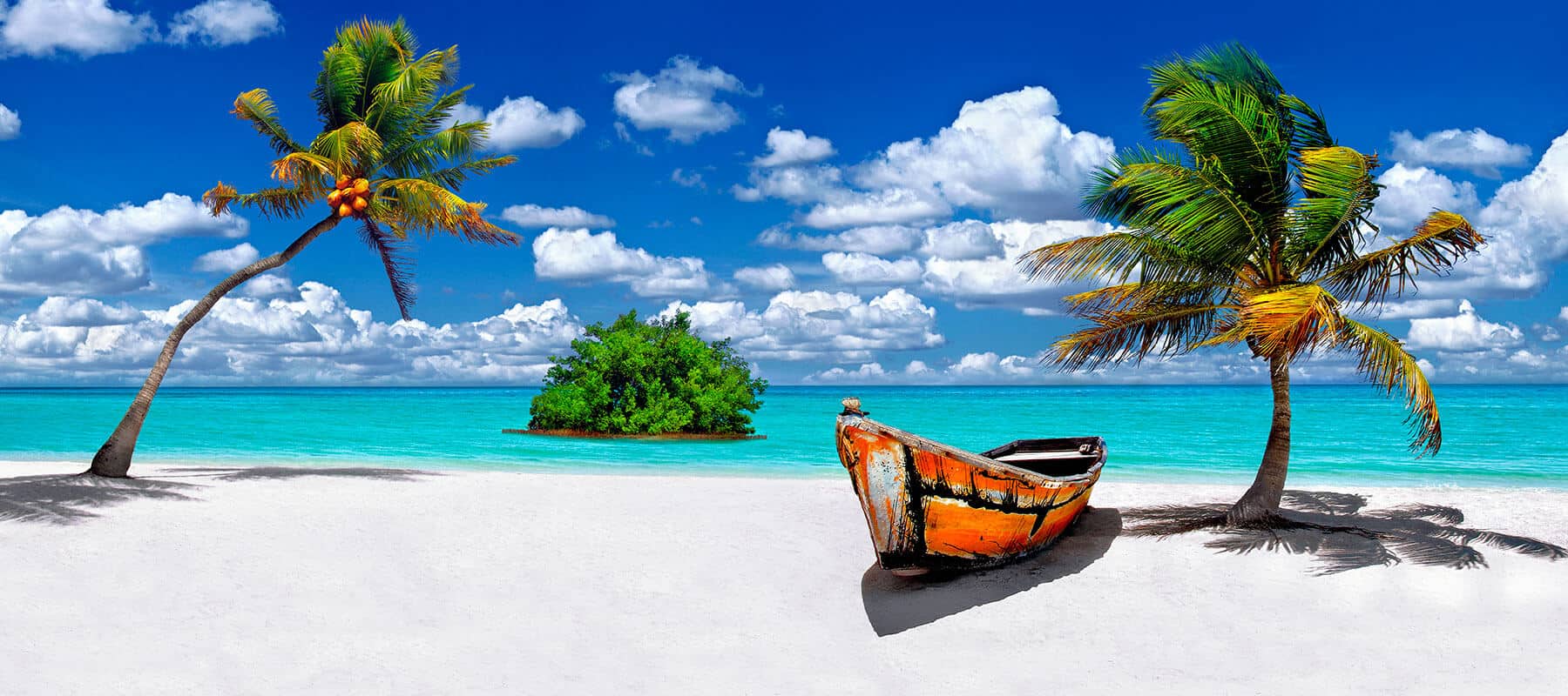 1800x800 Palm Tree and boat on Beach on Islamorada in Florida Keys Panoramic. Justin Kelefas Fine Art Photography