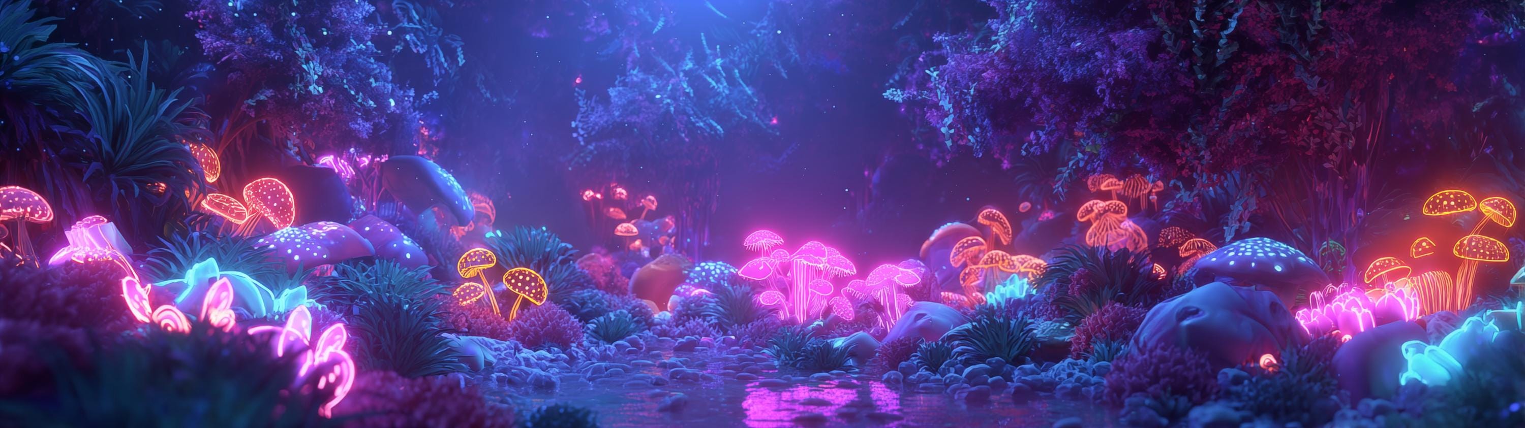 3000x843 Neon Lucid Dreams Monitor Wallpaper High Resolution Digital Artwork
