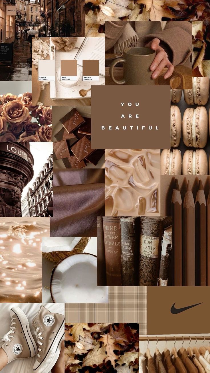 736x1308 brown. wallpaper. brown aesthetic. cozy. fall. winter. iced coffee. books. brown