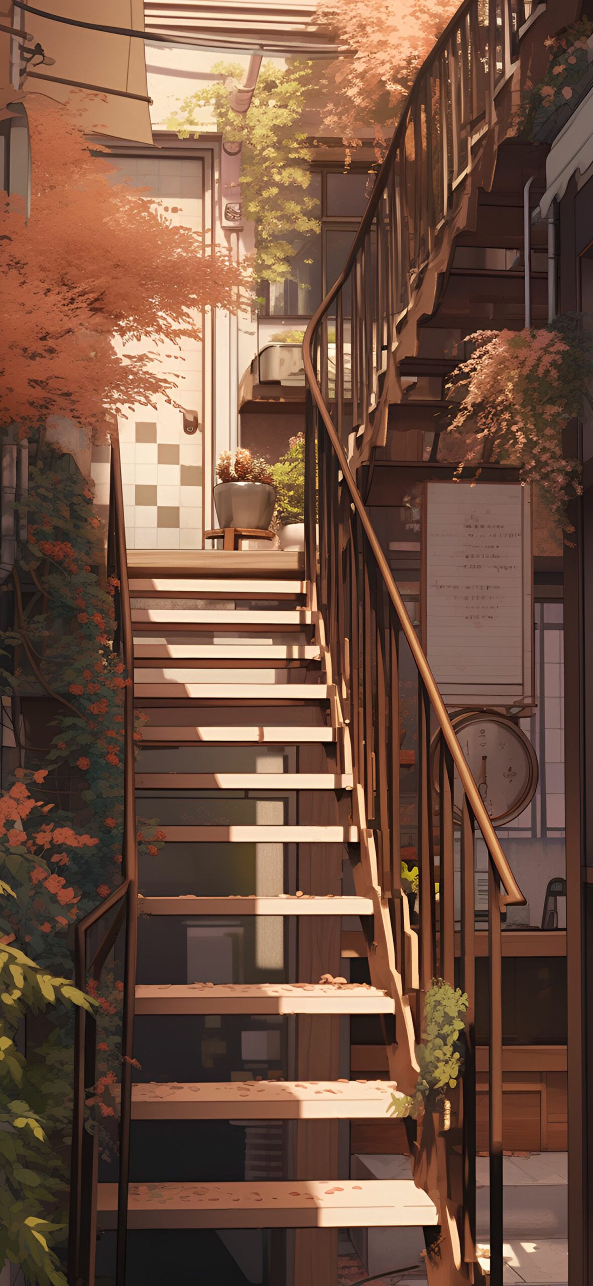 1181x2560 Cozy Autumn Stairs Brown Aesthetic Wallpaper