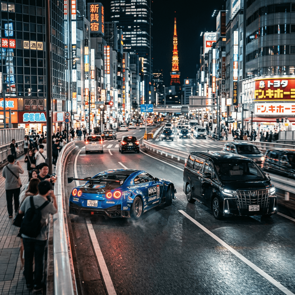 1024x1024 Japanese Cars At Night With Neon Lights. AI Art Generator. Easy Peasy.AI