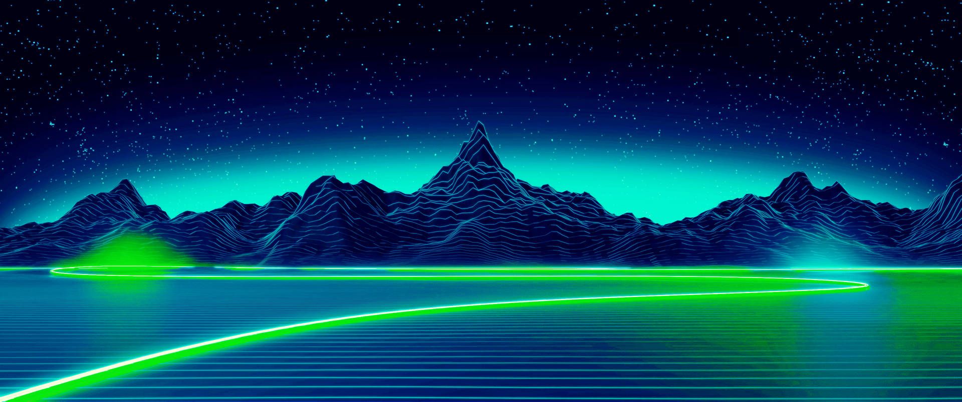1920x804 Neon Blue Green Synthwave Wallpaper