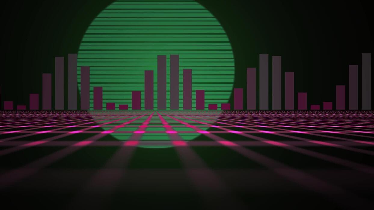 1244x700 Retro synthwave landscape with glowing green sun and pink digital audio bars