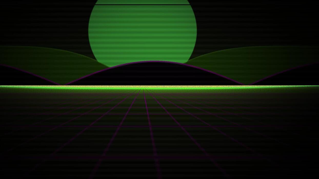 1244x700 Retro Futuristic Neon Grid Landscape With A Luminous Green Circle Rising Behind Rolling Synthwave Hills Evoking A Digital Sunset And A Journey Into An Arcade Dimension