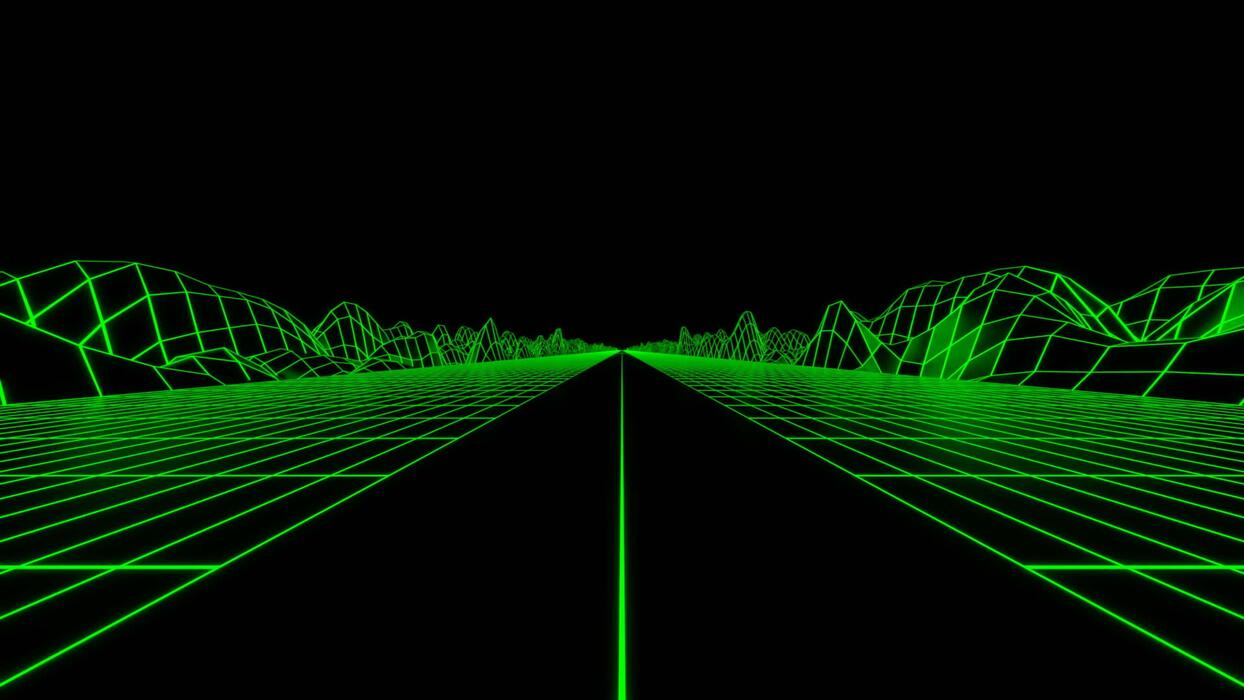 1244x700 Retro futuristic synthwave grid background with hills on a black endless space. Design. Fast drive with a road and grid