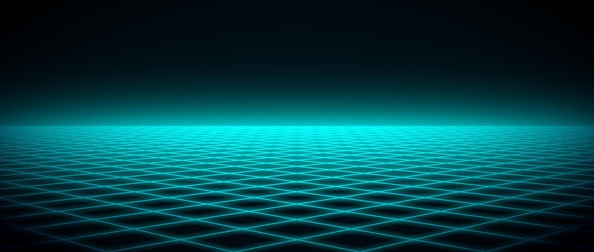 1920x815 Glowing neon wireframe horizon background. Light green blue grid room floor in perspective. Bright retro futuristic wallpaper. Abstract checkered plane landscape. Game cyber surface