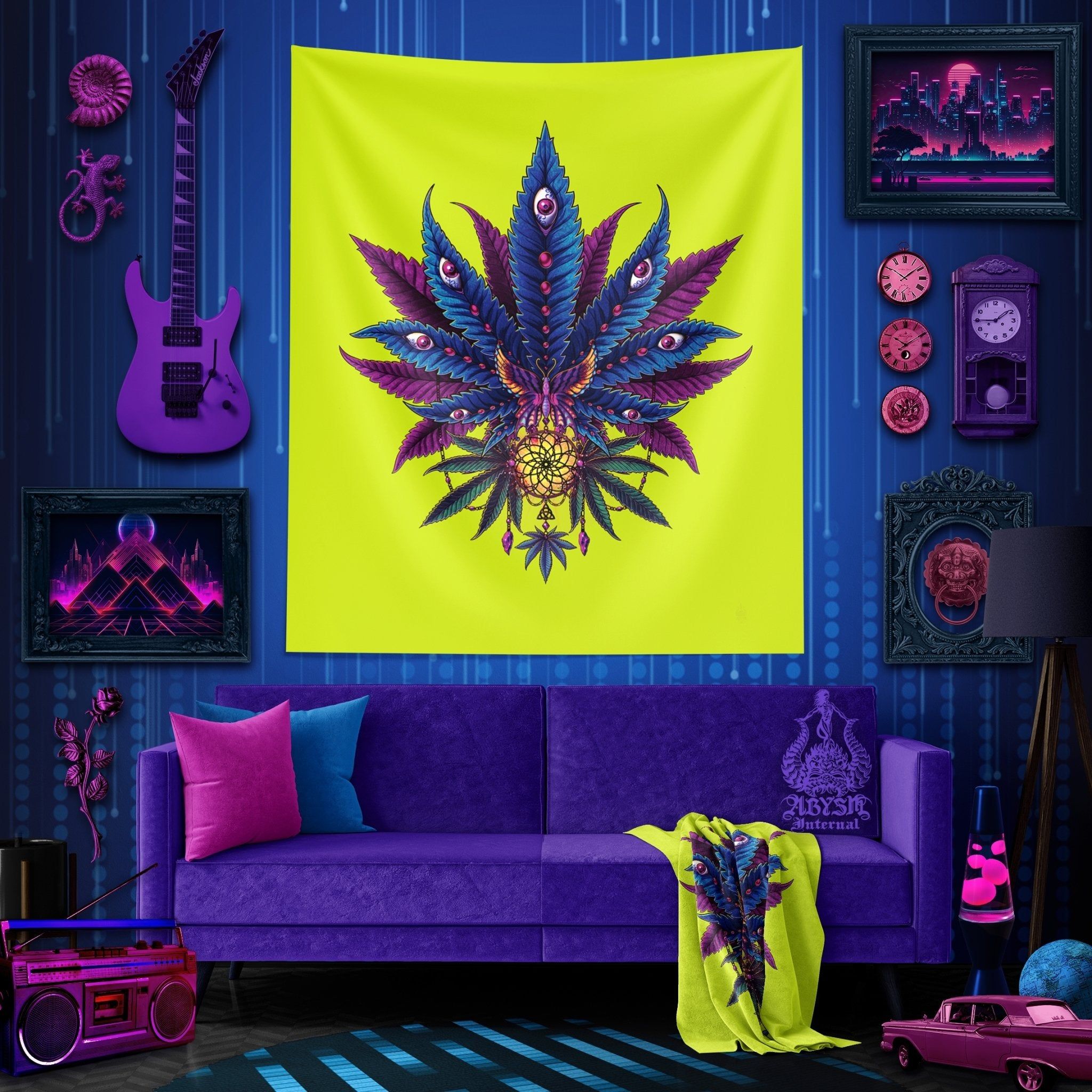 2048x2048 Cannabis Tapestry, Green Wall Hanging, Synthwave Art Neon II