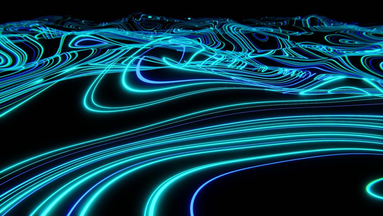 1244x700 Abstract 3D wavy texture background. Neon blue moving curves pattern. Synthwave retro 80s style videogame landscape. Bright colors in dark space. Seamless loop wallpaper. 4K 30 fps animation