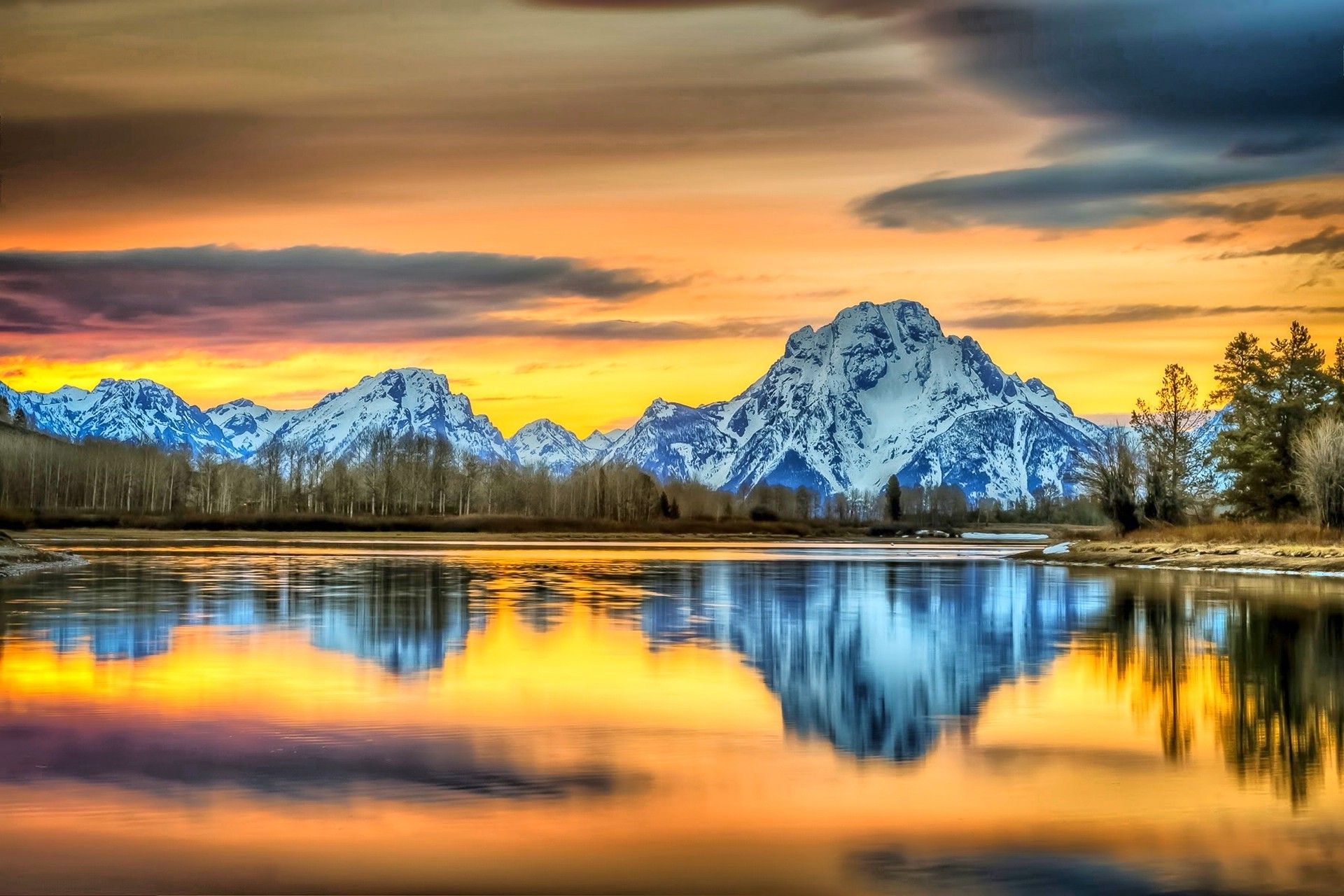 1920x1280 nature, Landscape, Mountain, River, Sunset, Grand Teton National Park, Reflection, Sky, Snowy Peak, Trees, Water, Clouds, Colorful, Wyoming Wallpaper HD / Desktop and Mobile Background