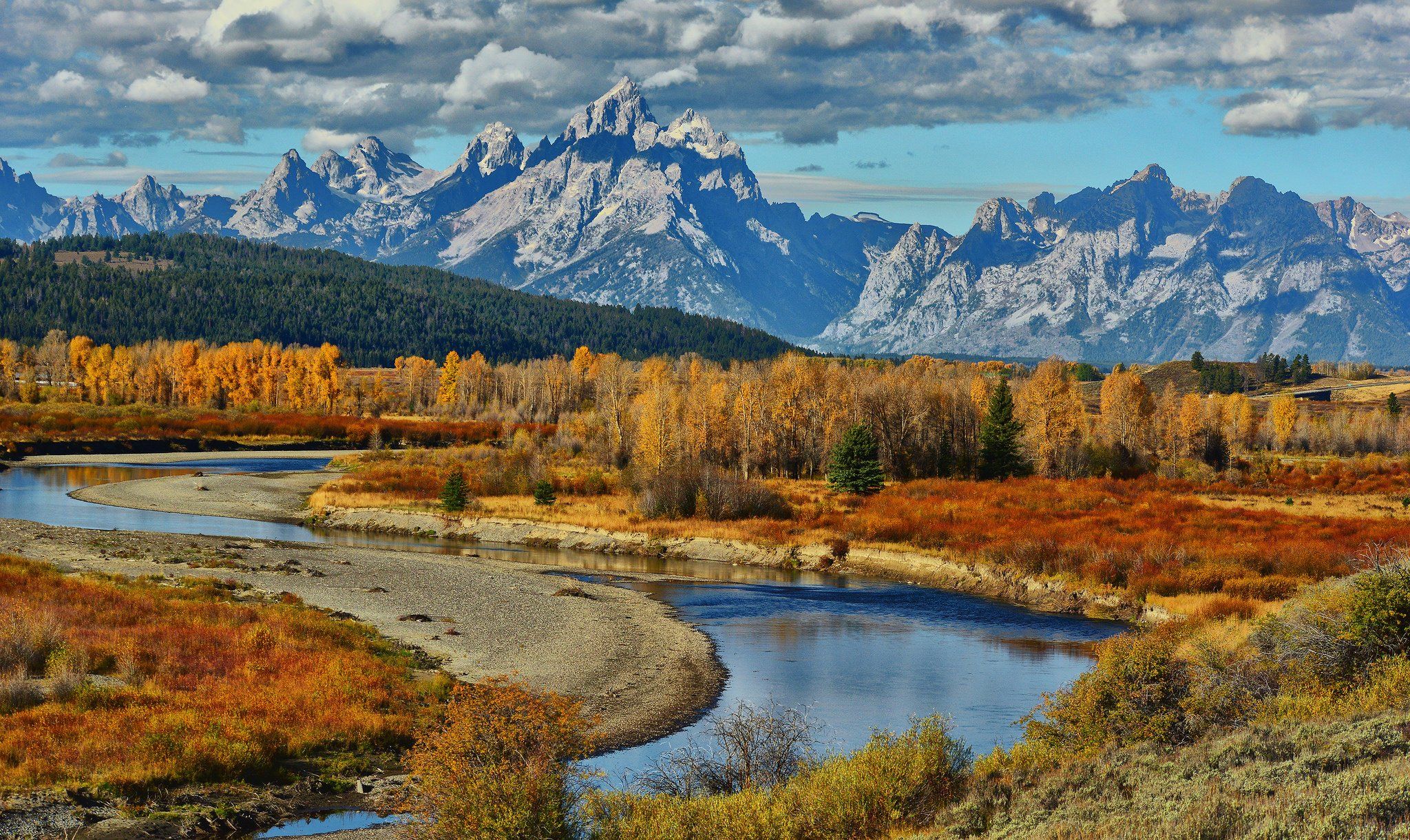 2048x1220 river, Grand, Teton, National, Park, Usa, Wyoming, Autumn, Mountains Wallpaper HD / Desktop and Mobile Background