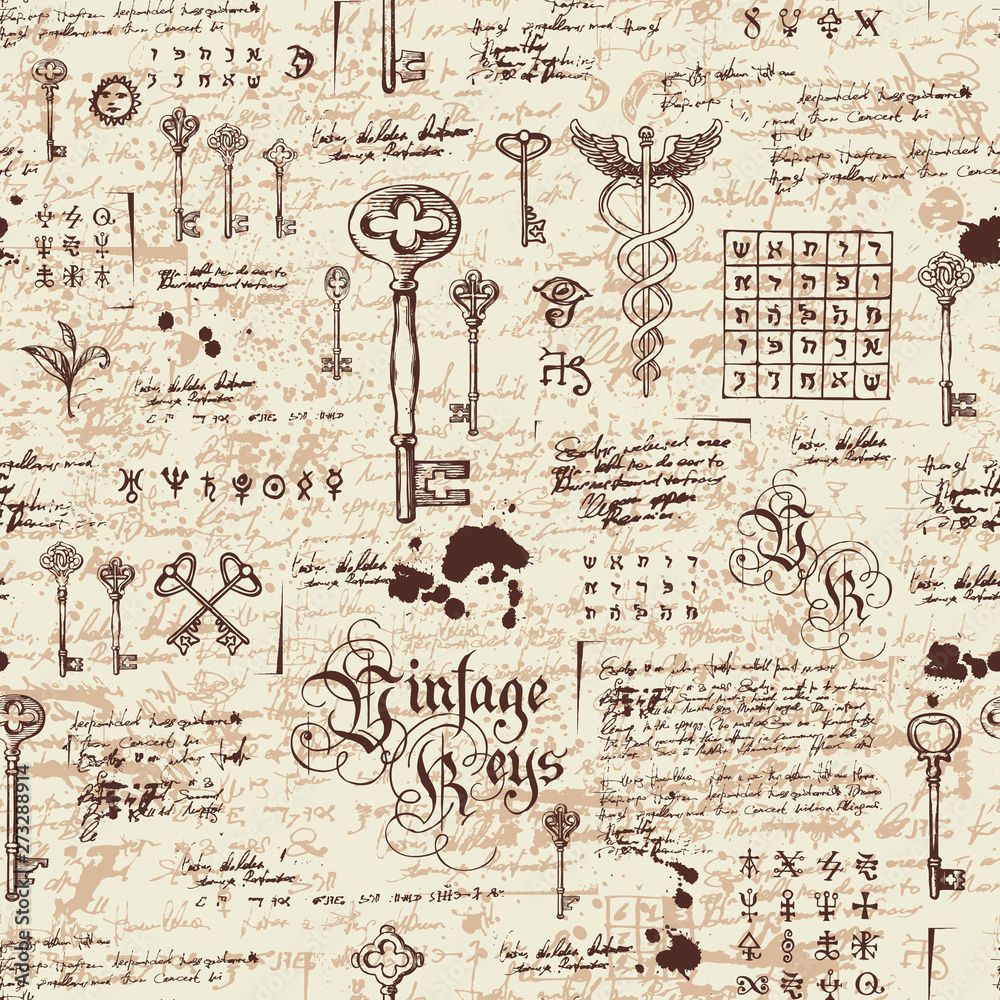 1000x1000 Vector seamless pattern with vintage keys and lettering. Medieval manuscript with sketches, blots and spots in retro style. Hand drawn illustration. Wallpaper, wrapping paper or fabric Stock Vector