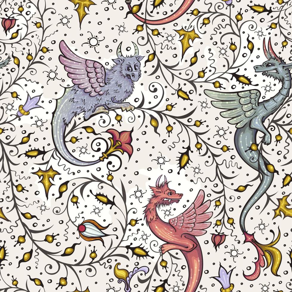 980x980 Medieval seamless pattern. Ancient book miniature. Magic manuscript.Illustration