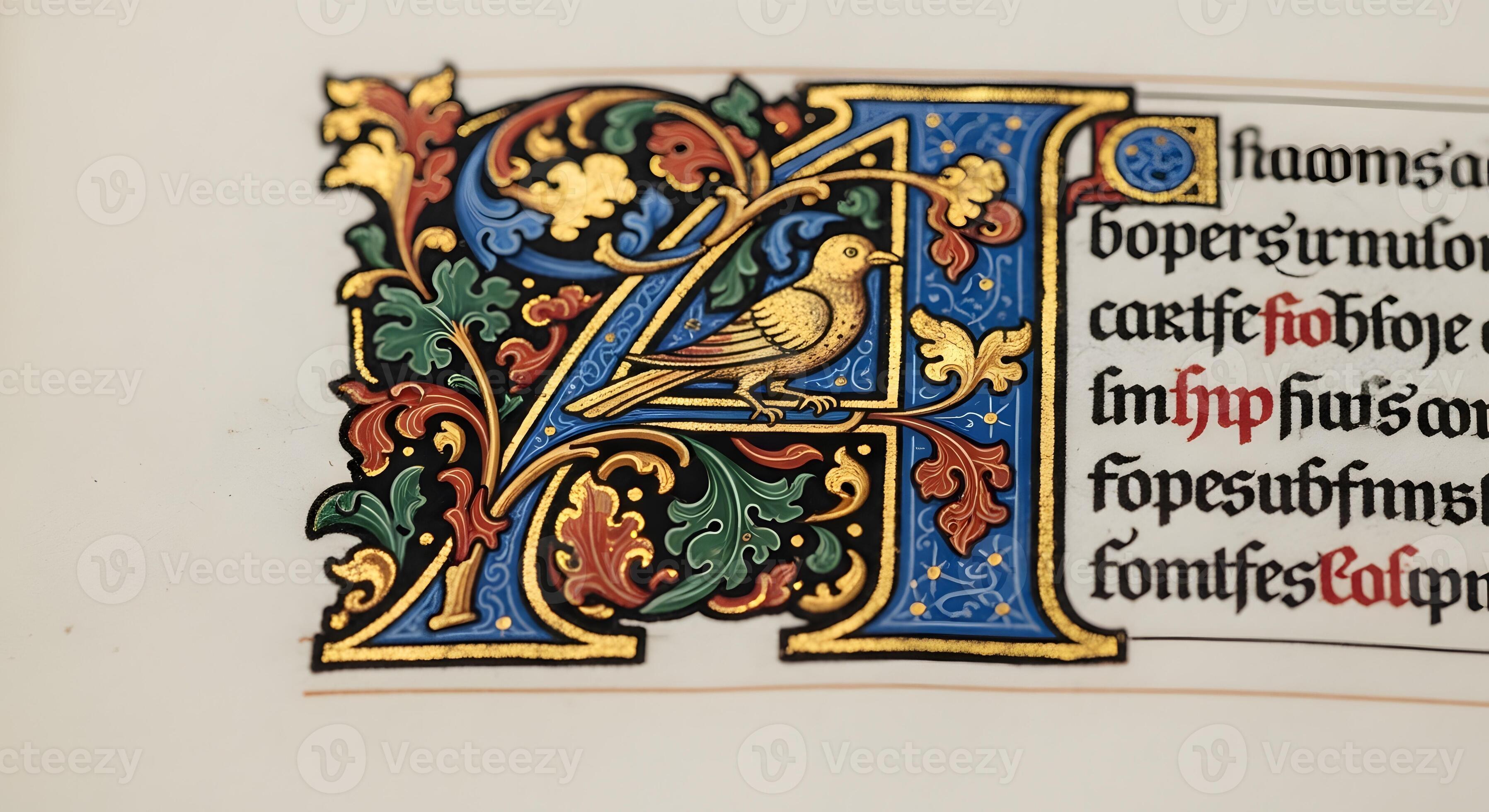 3593x1960 Illuminated manuscript capital letter with gold leaf