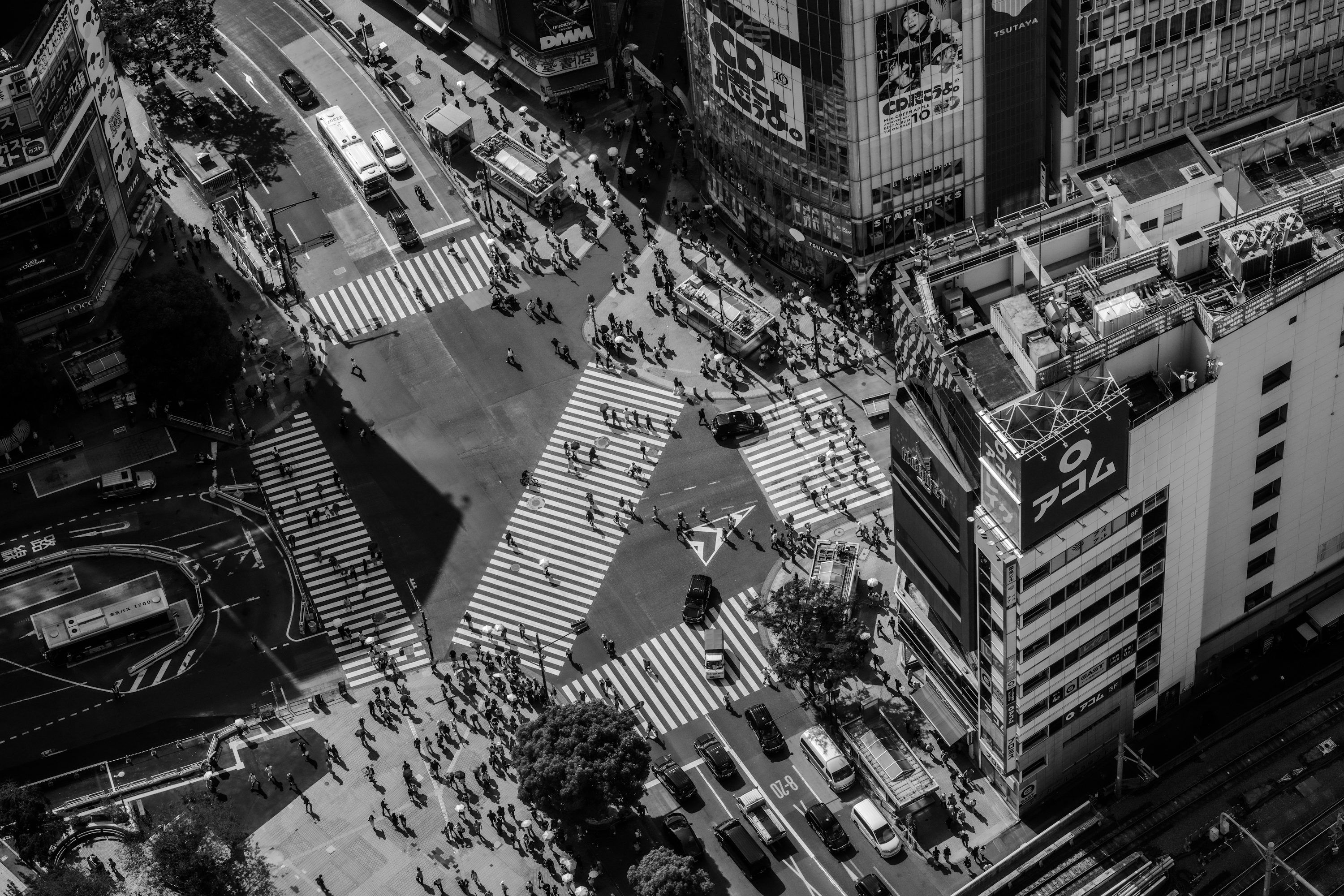 3000x2000 Aerial view of shibuya crossing with crowds and traffic photo
