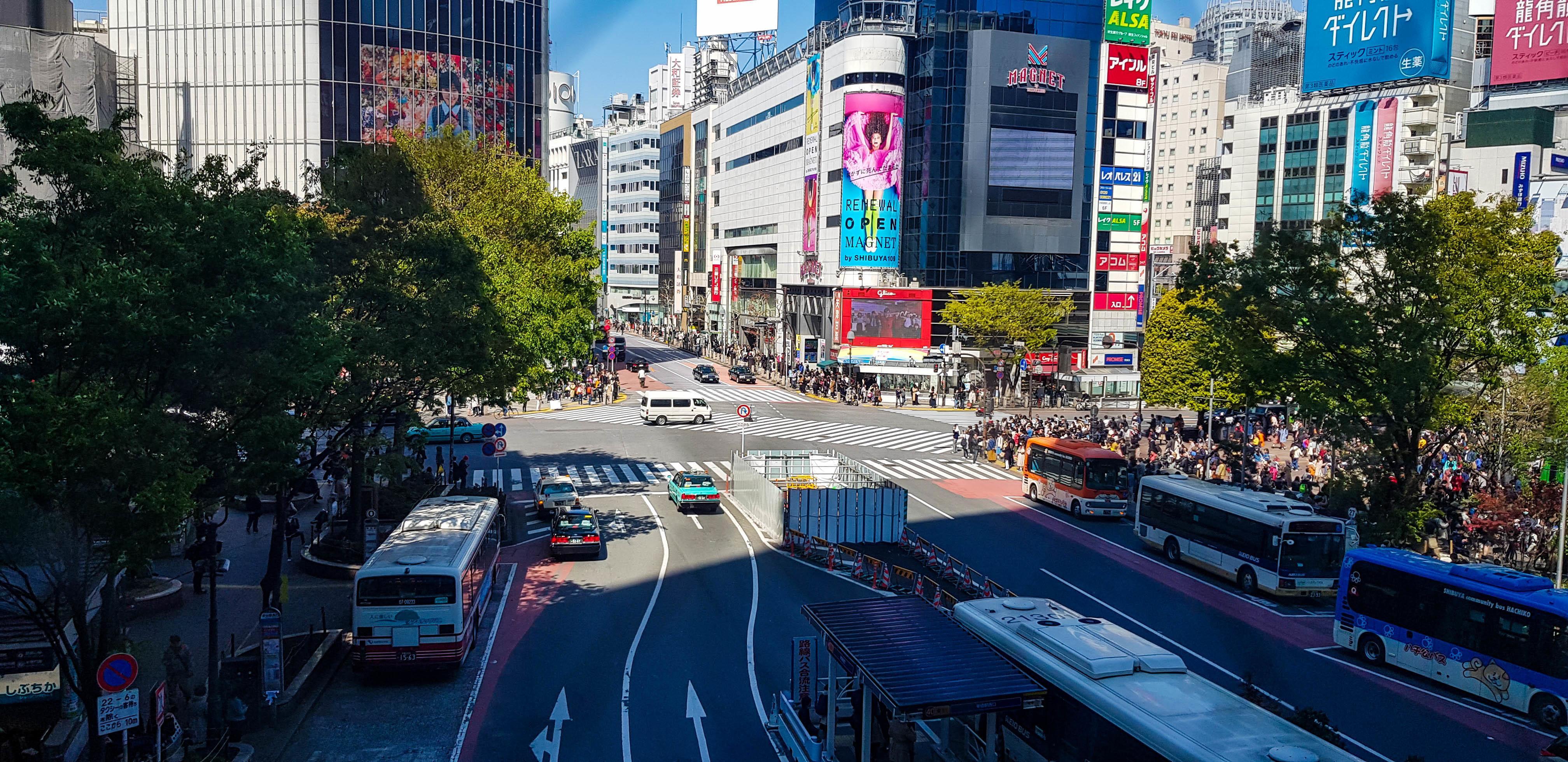 4032x1960 Japan on April 2019. Shibuya Scramble Crossing is a popular scramble crossing in Shibuya, Tokyo, Japan