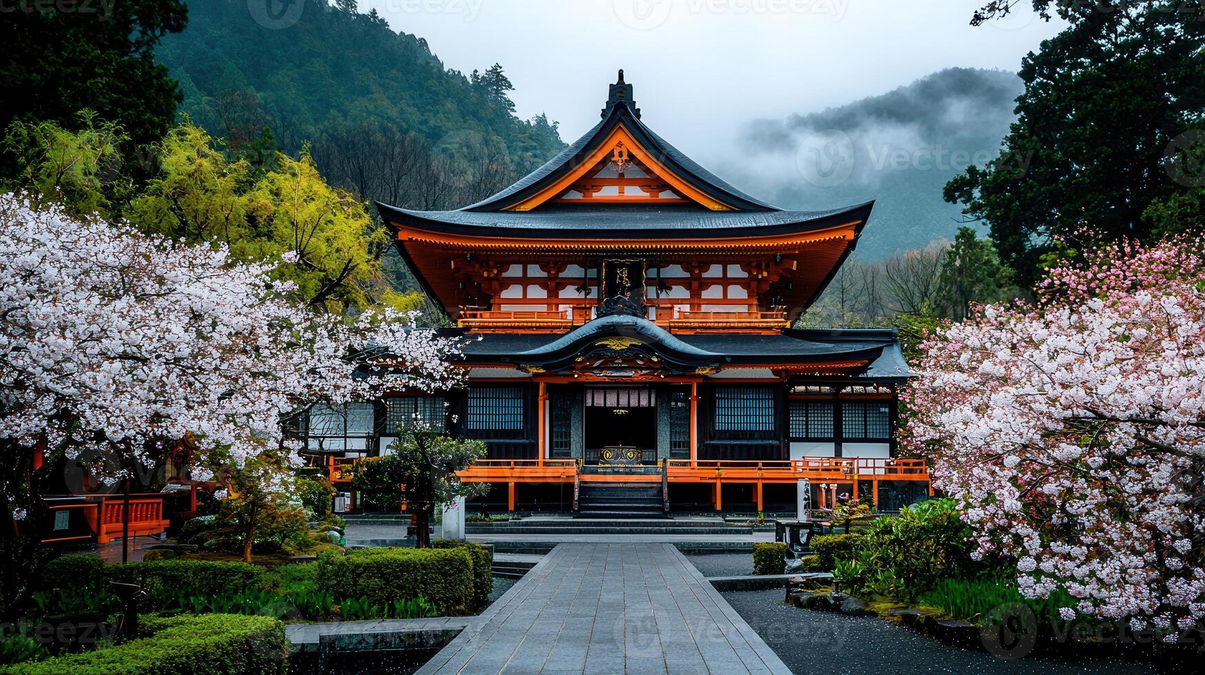 1749x980 Serene Japanese Temple Amidst Blooming Cherry Blossoms and Misty Mountains