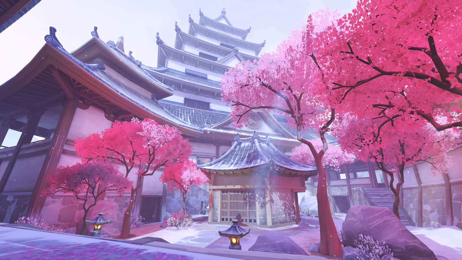 1920x1080 Sakura Blossomsat Traditional Japanese Temple Wallpaper