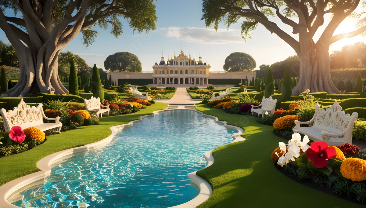1200x681 Elegant Swimming Pool In Kingdom Garden Surrounded By Flowers, Kingdom Garden, Luxury Garden, Royal Palace Background Image And Wallpaper for Free Download