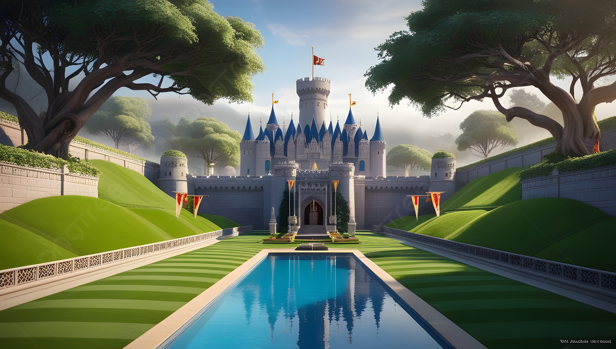 1200x681 Grand Kingdom With Vibrant Lawns And Sparkling Swimming Pool, Majestic Kingdom, Royal Palace, Sparkling Pool Background Image And Wallpaper for Free Download