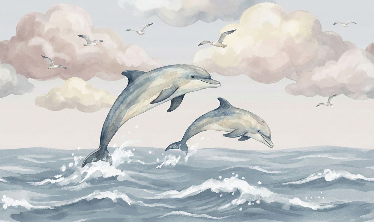 1200x712 Watercolor Jumping Dolphins Mural Wallpaper