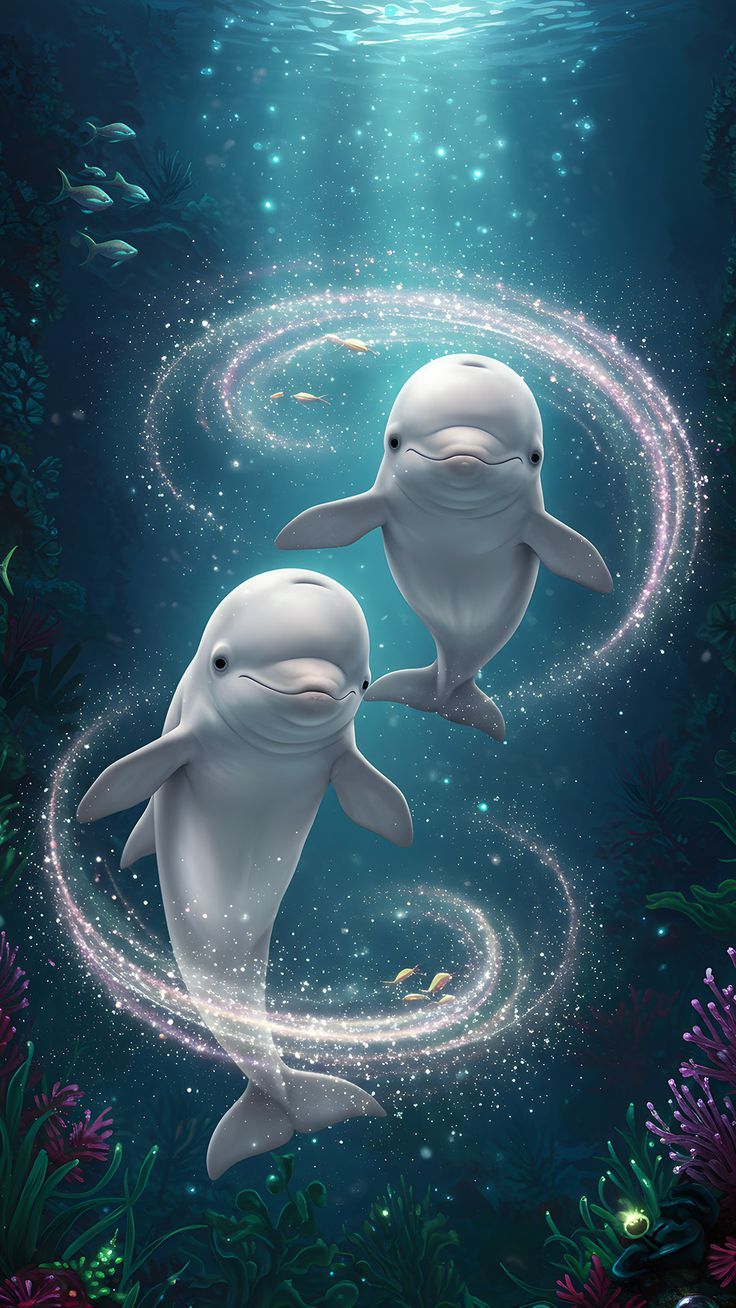 736x1308 Two Magical White Dolphins under Ocean