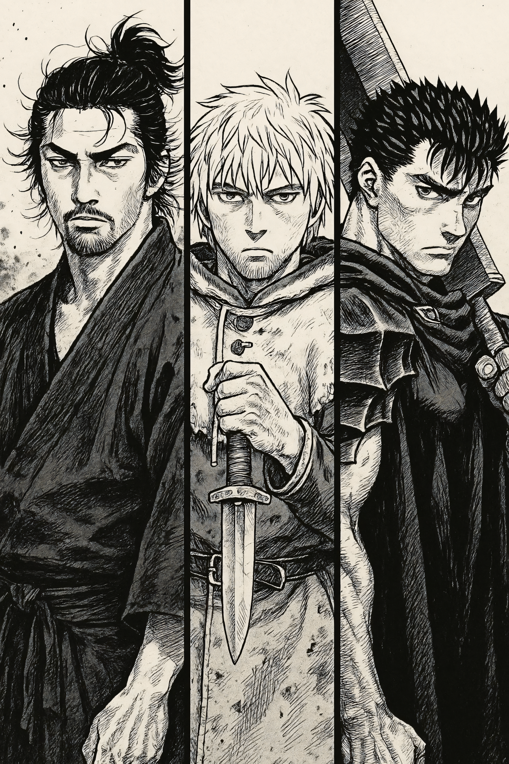 2048x3072 Epic Manga Warriors: Thorfinn, Guts & Musashi Phone Wallpaper