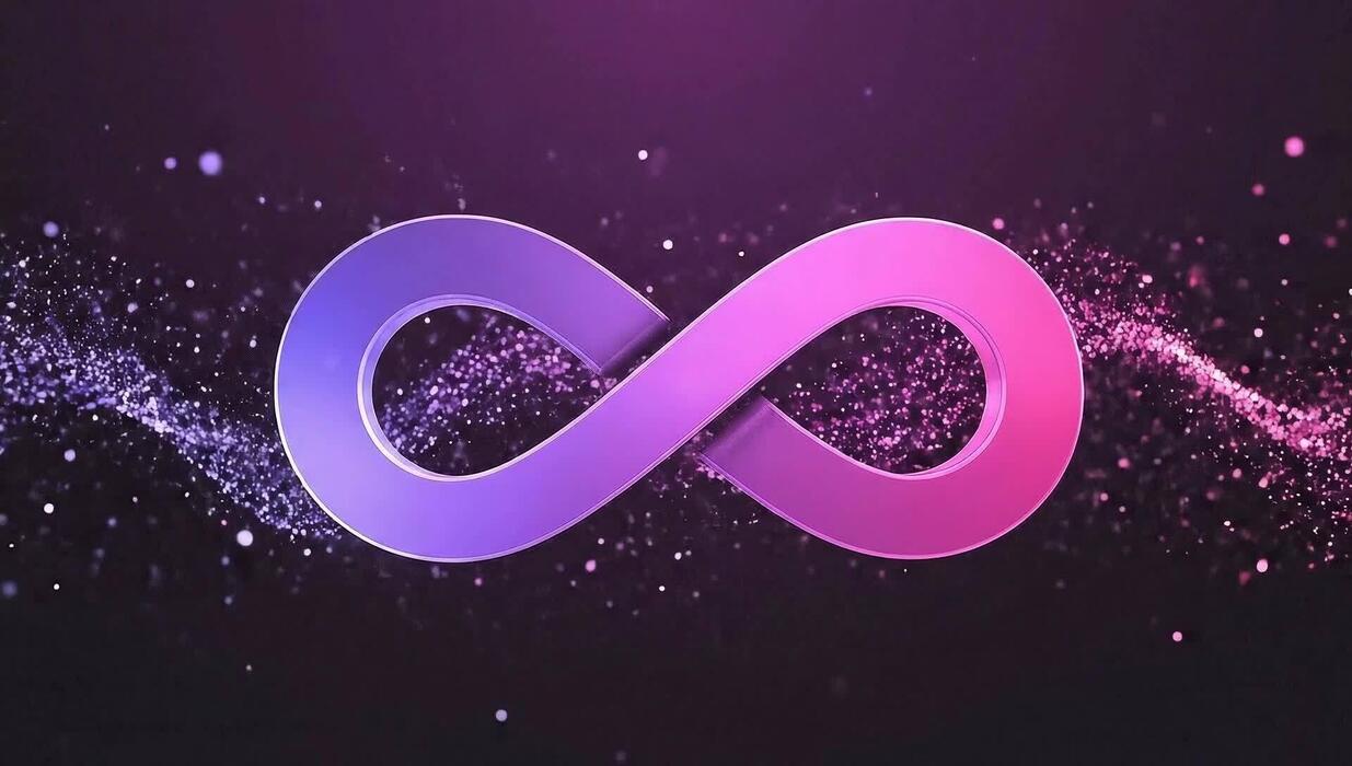 1235x700 Abstract infinity symbol with glowing particles on a dark purple background