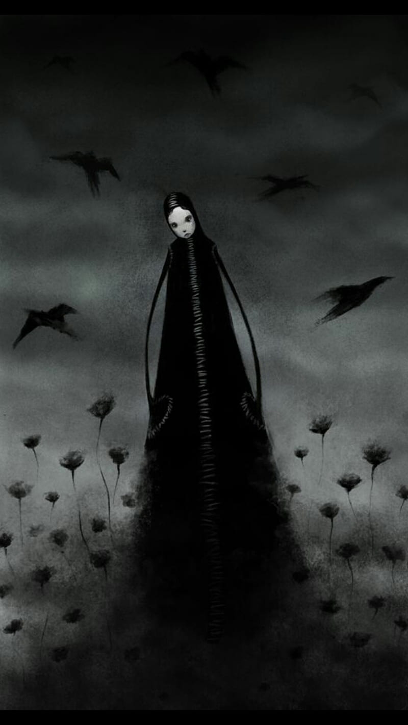 800x1422 Alone, crows, cute, flowers, girl, goth, grunge, night, punk, sky, HD phone wallpaper