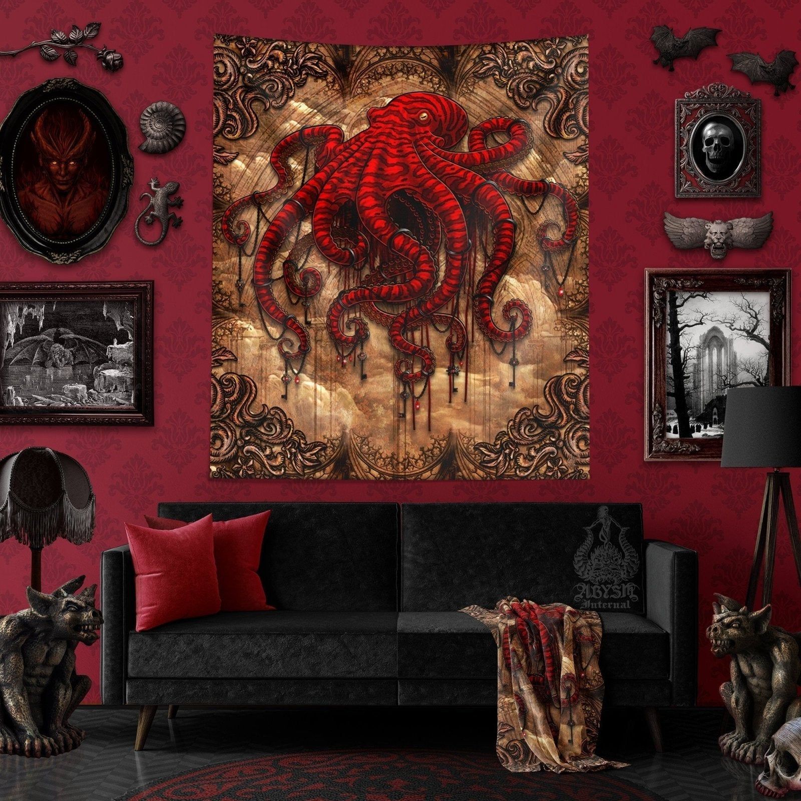 1600x1600 Octopus Tapestry, Wall Hanging, Gothic Art Grunge, Beige