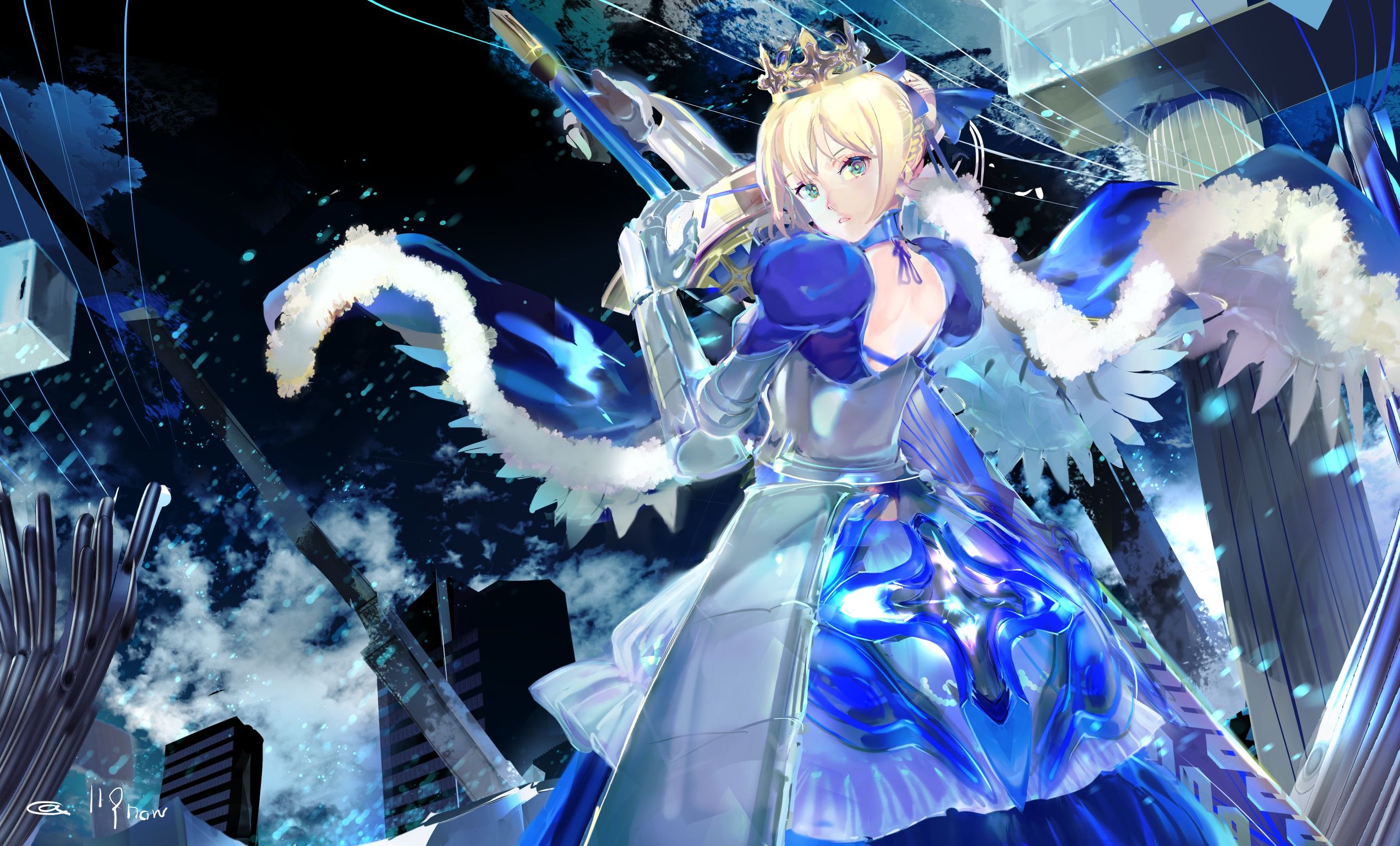 2544x1538 Wallpaper girl, the city, crown, the saber, Artoria Pendragon, Fate stay night, Fate / Stay Night for mobile and desktop, section сёнэн, resolution 2544x1538