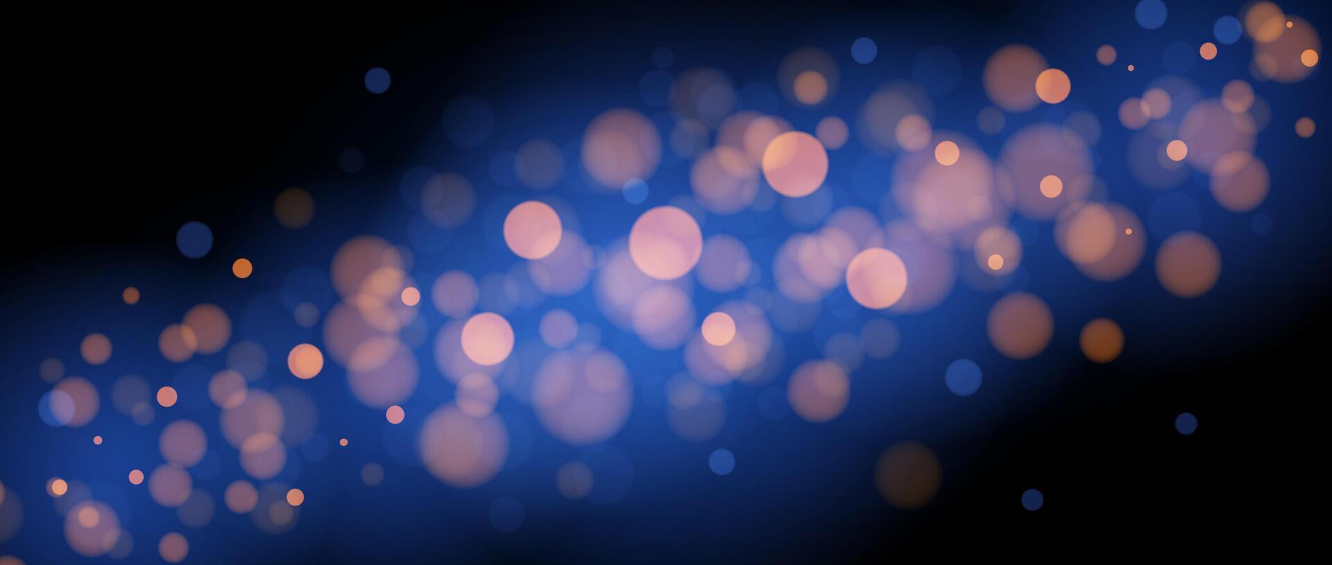1920x815 Blurred gold bokeh on blue background. Golden blurred effect wallpaper. Abstract shiny glitter, sparks, dust, sparkles. Glowing navy backdrop for Christmas, New Year or birthday card, banner
